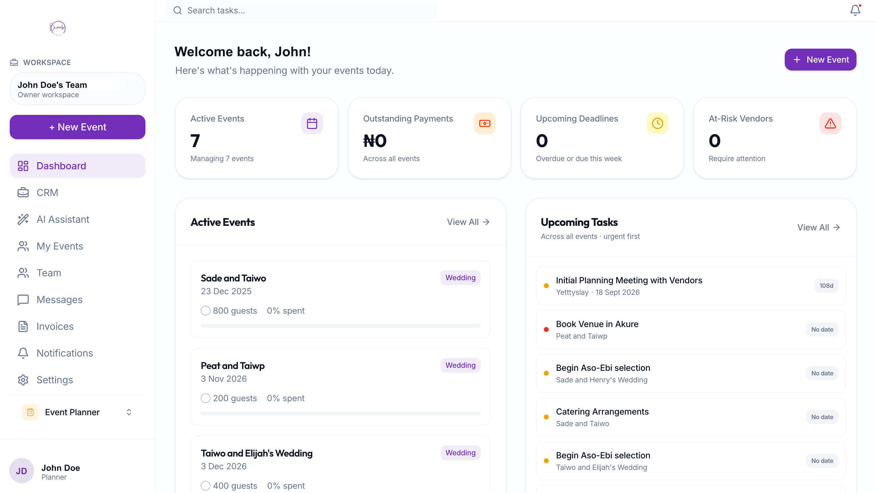 Planner dashboard showing active events, upcoming tasks, CRM, team workspace, and event controls